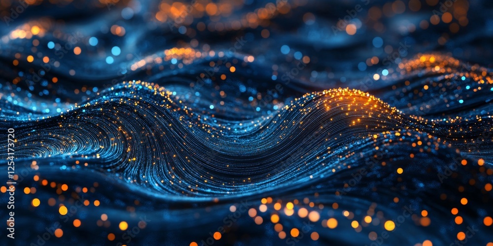 Poster abstract digital wave, glowing particles, dark background, tech design