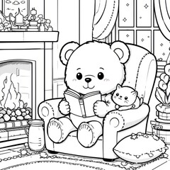 Cozy Kawaii Coloring Book Illustration of a Teddy Bear Reading with a Kitten, Featuring a Fireplace and Starry Sky, Simple and Charming Black and White Design, Generative AI