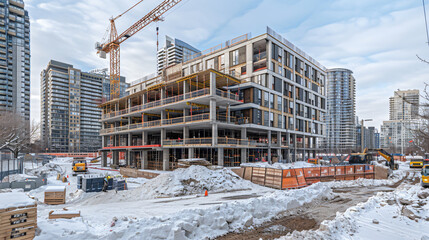 Fototapeta premium A high-rise building with standard cranes anchored to its framework, highlighting clean beams and construction details.