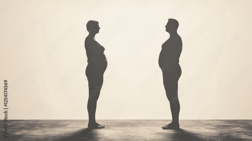 Poster weight loss transformation silhouette highlighting before and after changes in body shape and size. 