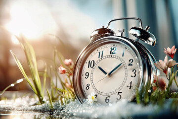 Spring forward. Time change in spring. Daylight saving time. Vintage alarm clock with melted snow, fresh green grass, and tiny spring flowers. Clock turn forward one hour in spring