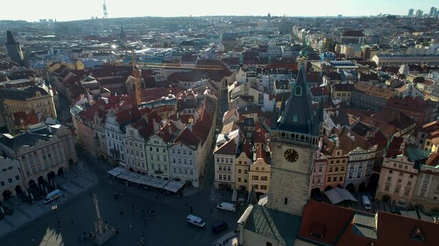 Beautiful Aerial footage of Old town Square, the Astronomical Clock, St. Nicholas Church and the Church of Our Lady before T&yacute;n yn Prague