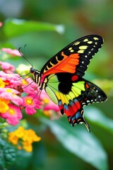 Obraz premium Vibrant swallowtail butterfly on colorful flowers in lush garden scene