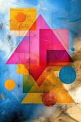 Fototapeta premium Abstract geometric shapes with colorful triangles and circles on blue swirl background
