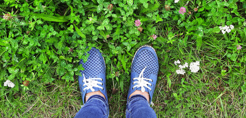 feet in casual loafers standing on lush green grass with small wildflowers View from above, horizontal banner. Top view of feet in jeans and sneakers first-person perspective