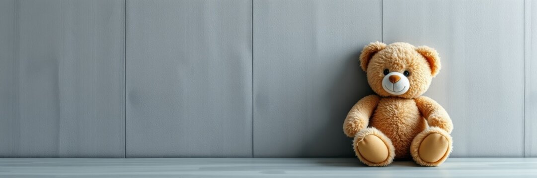 Teddy bear with a cheerful mood sitting on a smooth surface against a minimalist background - Powered by Adobe