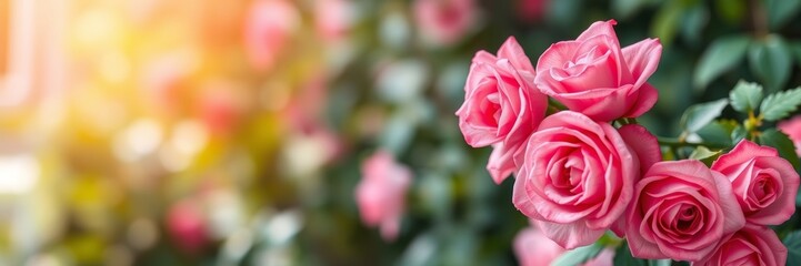 Pink roses with a romantic mood blooming in a soft garden background
