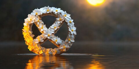 Obraz premium White floral wreath floating on water at sunset