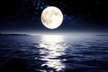 Full moon illuminating calm ocean under starry night sky