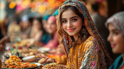 Festive gathering during Eid celebrations people exchanging greetings wearing traditional attire with colorful decorations and festive foods around