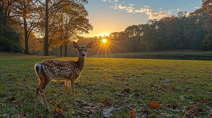 White-tailed deer at sunset in autumn park