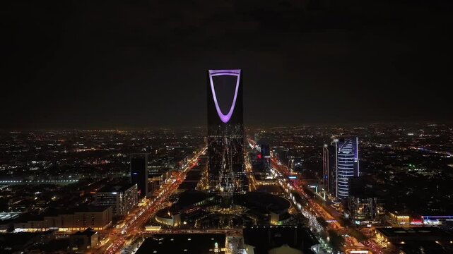 Riyadh Kingdom Tower Skyline at night Drone Aerial Timelapse Footage