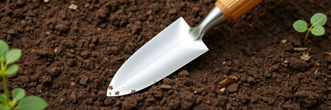 Gardening tool with a peaceful mood digging into rich soil with seedlings