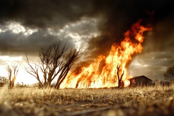Intense wildfire consumes abandoned barn amidst dramatic skies and charred landscape