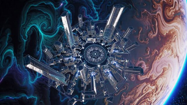 Futuristic space station orbiting a vibrant alien planet with swirling atmospheric patterns.