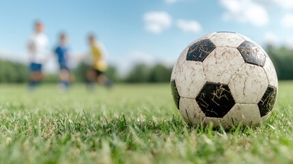 Fototapeta premium Soccer ball close up on a green grass field with children playing in the background during a sunny day.
