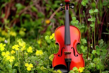 Violin in meadow amidst yellow flowers and green grass
