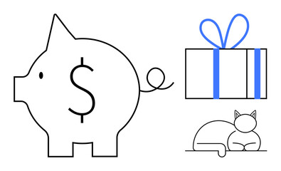 Piggy bank with dollar sign, gift box with bow, and relaxed cat outline in minimalist design. Ideal for savings themes, financial planning, gifting, minimalism, pet care, budgeting financial