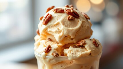 Delicious scoop of sweet dessert with nuts served in a cup, with a blurred background. Scrumptious delight!