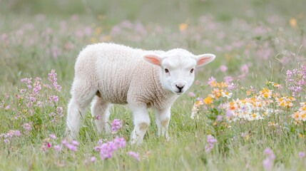 Obraz premium Cute lamb in a field of wildflowers. Possible use Children's book illustration