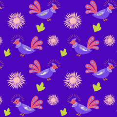 Pattern with a beautiful stylized bird and a fantasy sun.eps