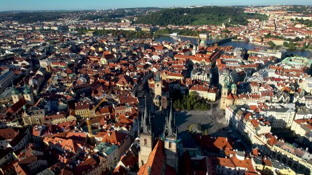Beautiful Aerial footage of Old town Square, the Astronomical Clock, St. Nicholas Church and the Church of Our Lady before T&yacute;n yn Prague