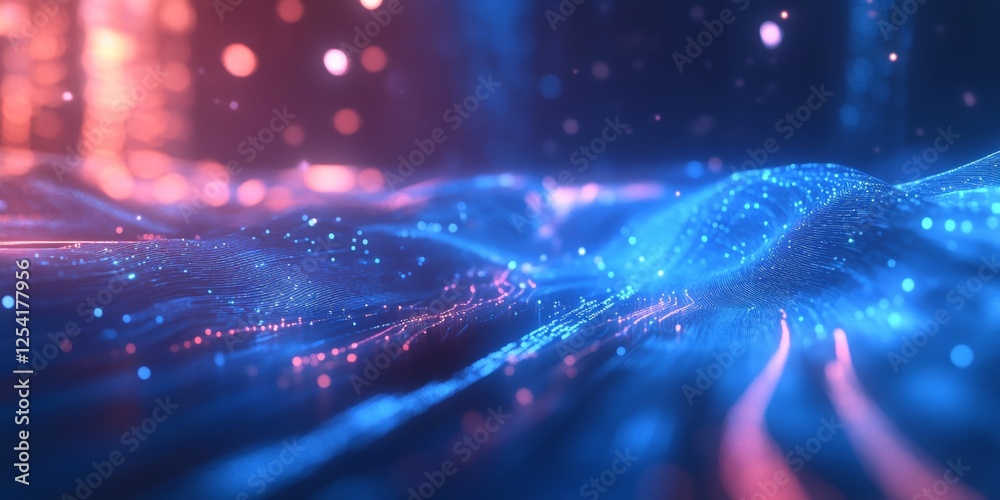 Poster abstract digital landscape, glowing particles, bokeh background, website header