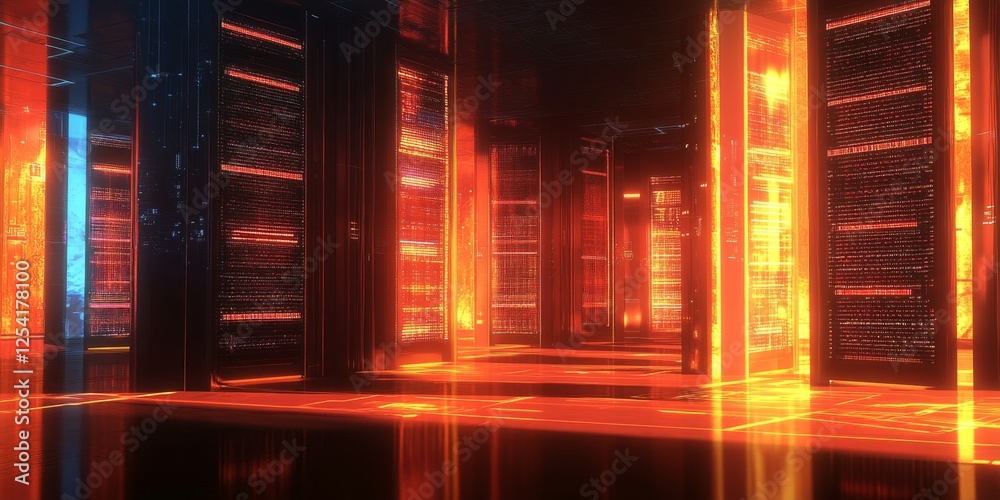 Poster glowing server room data center network technology