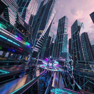 Futuristic humanoid robots interact in a neon-lit high-tech city with reflective surfaces and advanced skyscrapers.