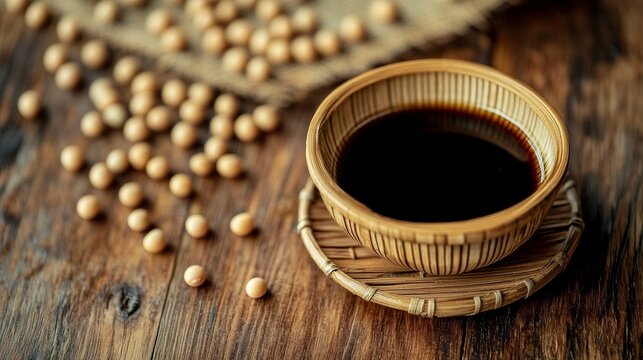 tamari in a bamboo saucer on a rustic wooden table with soybeans scattered around