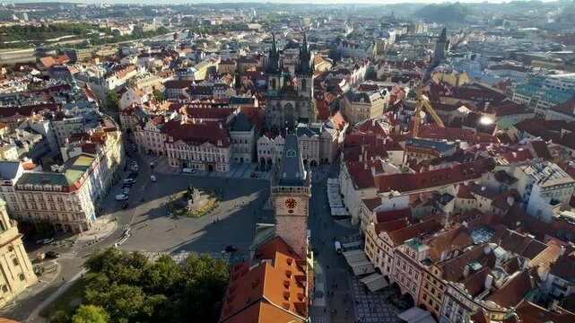 Beautiful Aerial footage of Old town Square, the Astronomical Clock, St. Nicholas Church and the Church of Our Lady before T&yacute;n yn Prague