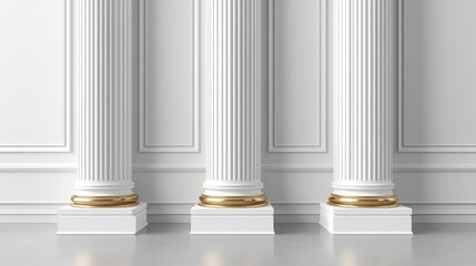 Obraz premium Three elegant white columns with golden bases against a minimalist background.