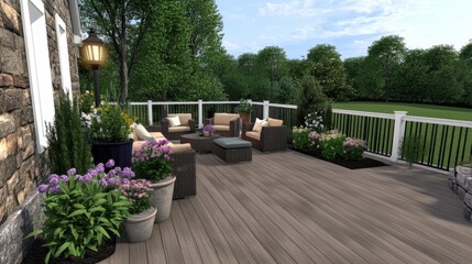 A backyard deck with potted plants, comfortable seating, and soft lighting.
