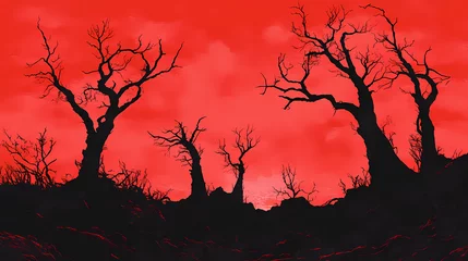 Fototapete Dark, barren landscape with skeletal trees and red sky. Skeletal Landscapes. Illustration © Thiago