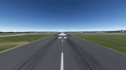 Fototapeta premium Airfield with an airplane taxiing towards a bright, open runway.