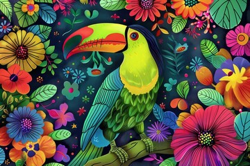 Fototapeta premium toucan bird in wild forest with leaves and flowers