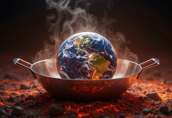 A symbolic representation of Earth being heated in a metal pan, highlighting environmental issues and global warming concerns through striking imagery.