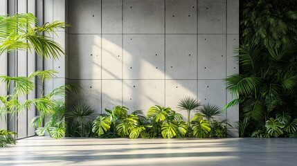 Spacious, modern room adorned with lush tropical greenery. The stark concrete wall serves as a backdrop for the vibrant palm trees, creating a serene and luxurious sanctuary. 
