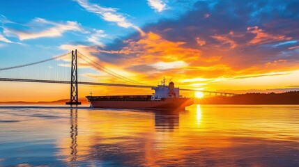A cargo ship passing under a large suspension bridge at sunset.