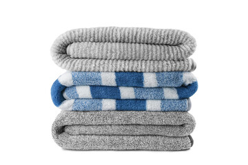 Soft fluffy striped grey and blue bath towels folded in stack isolated on white, transparent...