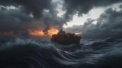 Fototapeta premium Cargo Container Ship Sailing Through a Stormy Ocean, Waves Crashing Against the Hull, Symbolizing the Challenges of Global Import-Export Trade