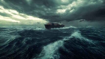 Cargo Container Ship Sailing Through a Stormy Ocean, Waves Crashing Against the Hull, Symbolizing the Challenges of Global Import-Export Trade