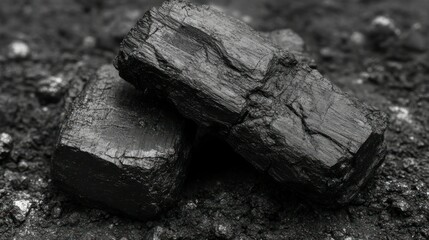 Fototapeta premium Black coal blocks on dark soil. Close-up. Use Stock photo
