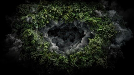 Smoky green foliage frame, dark center, nature background, design element