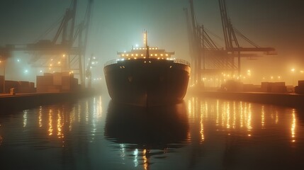 Fototapeta premium Night Scene of a Cargo Container Ship Docked at a Port, Illuminated by Bright Lights Reflecting on Calm Water, Highlighting Import-Export Operations