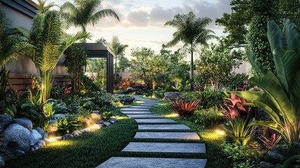 Fototapeta premium A modern tropical garden with neatly arranged plants, a stone pathway, and ambient lighting.