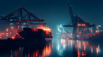 Night Scene of a Cargo Container Ship Docked at a Port, Illuminated by Bright Lights Reflecting on Calm Water, Highlighting Import-Export Operations