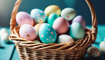 Colorful easter eggs in a wicker basket. 