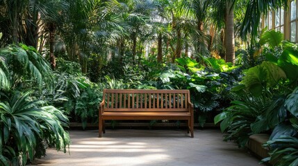 Obraz premium A peaceful tropical garden with a wooden bench surrounded by lush green plants.