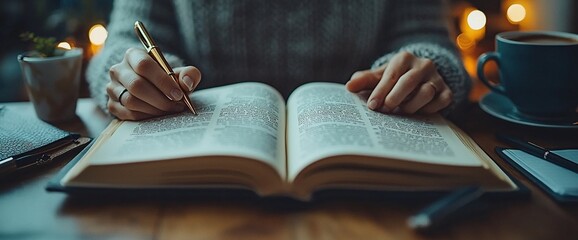 Woman reads book, pen in hand, cozy night